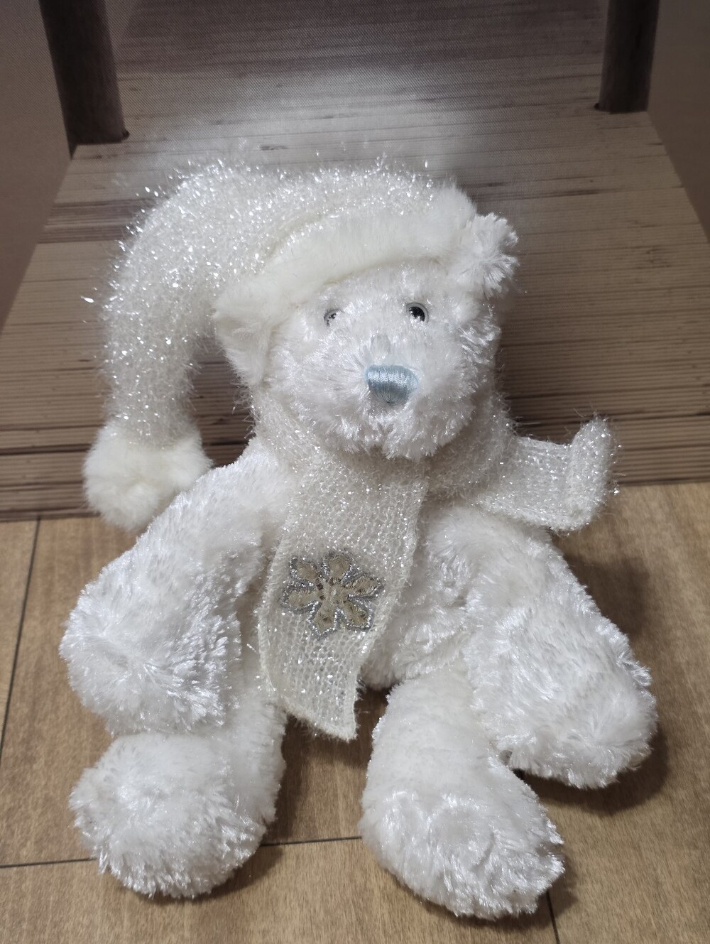 DAN DEE Collectors Choice Bear White Sparkle Hat And Scarf Plush Stuffed Sitting